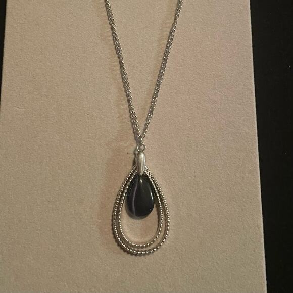 Black Teardrop Cabochon Silver Tone Pendant Necklace - Picture 1 of 3